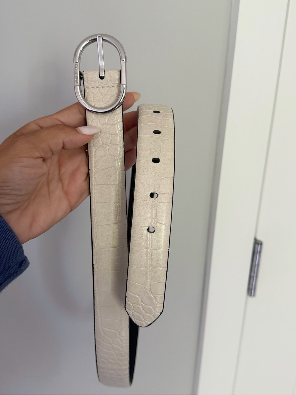 Calvin Klein Cream Textured Leather Belt with Silver Oval Buckle